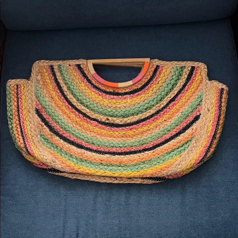 Shirtless Chicago rainbow jute purse wood handles beach vacation resort Boho